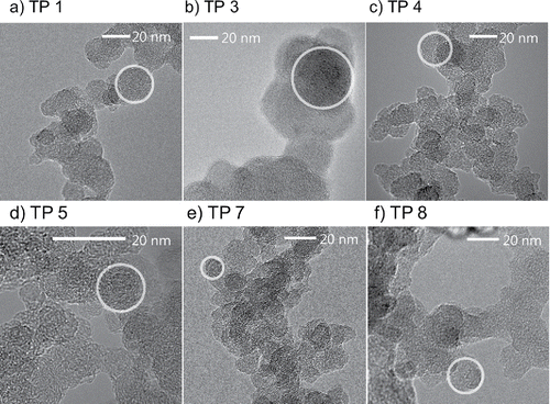 Figure 5. TEM images of soot particles. Circles represent the estimated primary particle diameter from DMA-CPMA measurements and the DLCA theory.