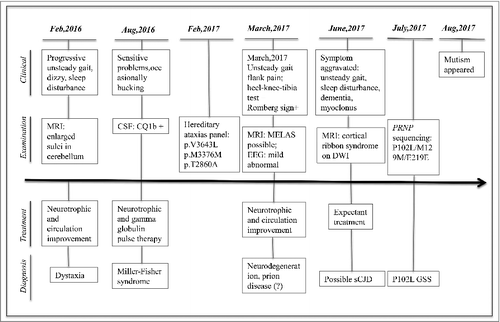 Figure 1. Chronologic timeline of the clinical manifestations, the results of examinations, main therapeutics and diagnosis of this P102 GSS case.