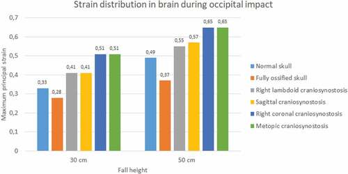Figure 19. The maximum principal strain in the brain during occipital impact from 30 and 50 cm falls with different degrees of ossification in the sutures