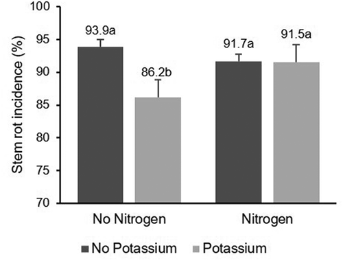 Fig. 3 Effect of N and K fertilization on incidence of stem rot of rice. Same letters within the same year indicate that values are not significantly different based on Fisher’s least square difference (P < 0.05)