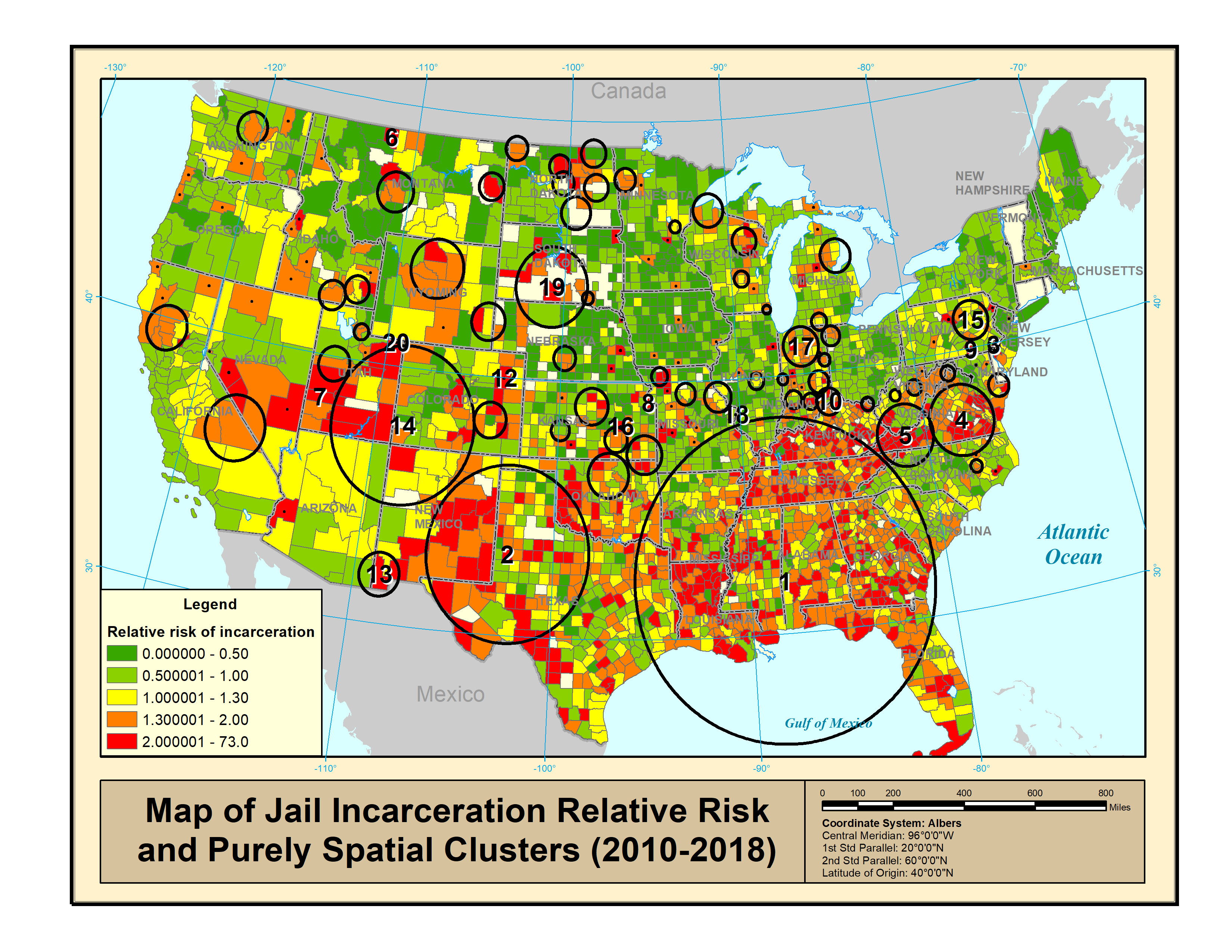 Figure 1: Purely spatial clusters calculated with county-level jail incarceration counts and the population of each county using the discrete scan statistic with Poisson distribution. The clusters are overlaid onto a choropleth map of the relative risk of jail incarceration in each county. The 20 clusters with the highest likelihood-ratios are labeled.