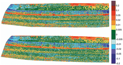 Figure 13. Comparison of differential models from the scanner coordinate system (top) and the object coordinate system (bottom).