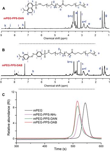 Figure 2 Characterizations of synthesized polymers. (A) 1H-NMR spectrum and peak assignments of DAN-PPS-mPEG, (B) 1H-NMR spectrum and peak assignments of DAB-PPS-mPEG, (C) GPC traces of synthesized polymers.