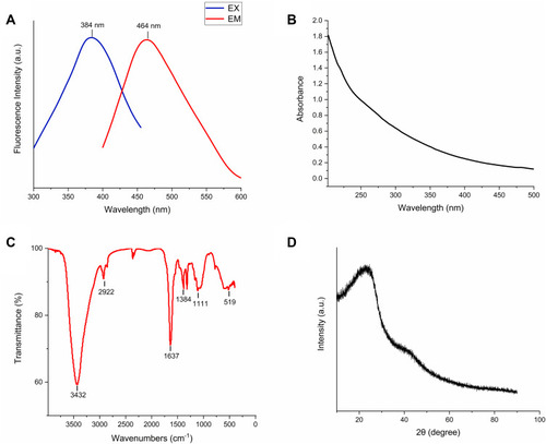 Figure 3 (A) Fluorescence spectra for excitation and emission. (B) Ultraviolet–visible (UV–vis) spectrum of LJFC-CDs. (C) FTIR spectrum of LJFC-CDs. (D) X-ray diffraction pattern of LJFC-CDs.