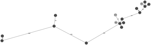 Figure 3. MST based on cgMLST allelic profiles of 17 B. avium isolates. Each circle represents an allelic profile based on sequence analysis of 2667 genes. The strains with reduced virulence-associated properties are coloured in light grey, while strains with more marked virulence-associated properties are coloured in dark grey. The numbers on the connecting lines illustrate the number of target genes with differing alleles.