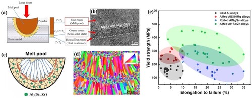 Figure 6. (a) Schematic diagram depicting the formation of three zones during LPBF of AlSi10Mg, where TL is the liquidus temperature and TS is the solidus temperature (reprinted with permission from Ref. [Citation64]). (b) Scanning electron microscopy (SEM) image revealing coarse cells along melt pool boundaries and fine cells within melt pools in AMed AlSi10Mg alloys (reprinted with permission from Ref. [Citation74]). (c) Schematic illustration showing equiaxed grain nucleation caused by Al3(Sc, Zr) precipitates along melt pool boundaries during solidification of AMed Al alloys (reproduced with permission from Ref. [Citation94]). (d) Inverse polar figure displaying the distribution of fine grains along melt pool boundaries and coarse columnar grains inside melt pools in AMed Al alloys with Sc and Zr additions (reprinted with permission from Ref. [Citation83]). (e) Comparative analysis of ultimate strength and elongation among cast Al alloys, AMed AlSi10Mg alloys, rolled AlMgSc alloys, and AMed Al alloys with Sc/Zr additions.