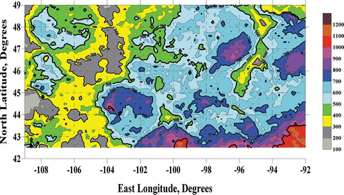 Figure 26. Geographical distribution of total annual precipitation (mm) in 2008 Stage IV: 52,011 grid points, 4 km × 4 km spatial resolution.