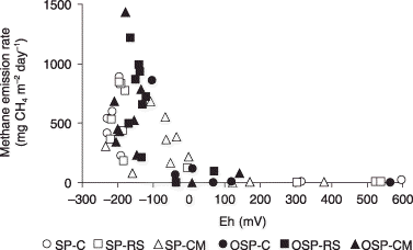 Figure 4  Relationships between methane emission rate and redox potential (Eh). OSP, plots outside the saline patch; SP, plots inside the saline patch; C, control treatments with no amendments; RS, rice-straw amendment treatments; CM, cow-manure amendment treatments. Figure was drawn after discarding some ambiguous implicative values (11 out of 66 data points).