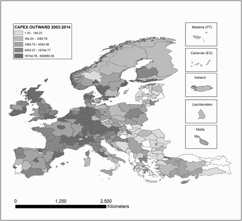 Figure 2. Foreign direct investment originating from the regions of Europe (cumulative outward capital expenditure, 2003–14, US$ millions). Source: Authors’ elaboration of fDi Markets data.