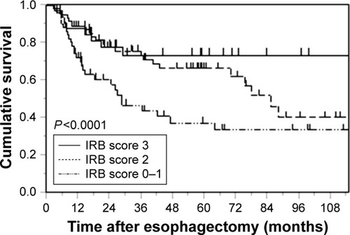 Figure 2 Kaplan–Meier survival curves of postoperative CSS according to the IRB score in patients with esophageal squamous carcinoma.