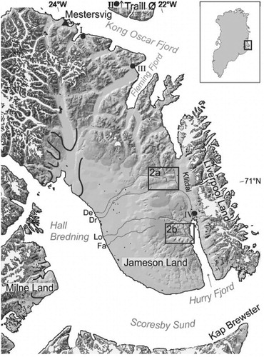Fig. 1 Map of Greenland and the Scoresby Sund–Jameson Land area. The open squares mark our study areas (see Fig. 2). The filled triangle represents the Mestersvig delta and the filled circles with roman numbers the positions of radiocarbon samples (see Table 2 for site numbers). Thick black lines represent Milne Land Stade moraines as described by Funder (Citation1970) in Milne Land and by Denton et al. (Citation2005) north of Hall Bredning. The following river names are abbreviated: Depotelv (De), Draba Sibirica Elv (Dr), Lollandselv (Lo) and Falsterselv (Fa) rivers. Copyright background map: National Survey and Cadastre, Denmark.