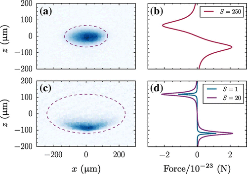 Figure 1. Absorption images of the nMOT along with their associated force curves. (a) and (b) correspond to S=250 and Δ=-2π×110kHz, whilst (c) and (d) correspond to S=20 and Δ=-2π×200kHz. The force curve associated with S=1 is also shown in (d) for comparison. The dashed ellipse in (a) and (c) shows where Δωz=Δ in the quadrupole field with a vertical gradient of 8G/cm.