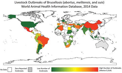 Figure 2. Heat map of number of brucellosis outbreaks (B. abortus, B. melitensis, and B. suis) in livestock as reported to WAHIS for the last complete year of data, 2014. White space indicates no data. Grey space indicates zero reported outbreaks.