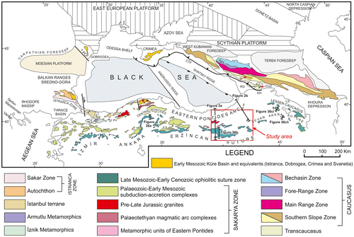 Figure 1. Outline tectonic map of the circum-Black Sea region of NE Turkey. This paper focuses on the eastward extension of the İzmir–Ankara–Erzincan suture zone through the Eastern Pontides, and comparisons especially with the Central Pontides and the Lesser Caucasus. Modified from Ustaömer and Robertson (Citation2010). PCF, Peceneaga Camena Fault; CTF, Caucasian Thrust Front; S, Svenata uplift; RD, Rioni Depression; DZ, Dzirula salient; KH, Khrami salient; LS, Lochi salient; CUZ, Chorchana–Utslevi Zone.