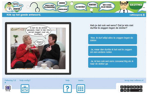 Fig. 5. Screenshot of an interactive video clip on www.oefenen.nl. The question on the right part of the screen asks the user “Have you ever experienced something similar? Were you unable to tell your doctor something?”.