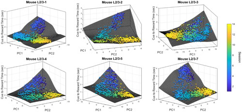 Figure 5. L2/3 connectome activity versus cue-to-reward time for rewarded trials. Each circle represents a rewarded trial and its color denotes the session number. The surface interpolation was done using MATLAB function cftool. The cue-to-reward time of each trial is projected onto the surface for visualization purposes.