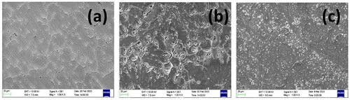 Figure 7. SEM images of AA hybrid composites (a) Freshly polished Al7075 hybrid composite and (b) immersed in 0.1 M HCl and (c) in 3.5% NaCl.
