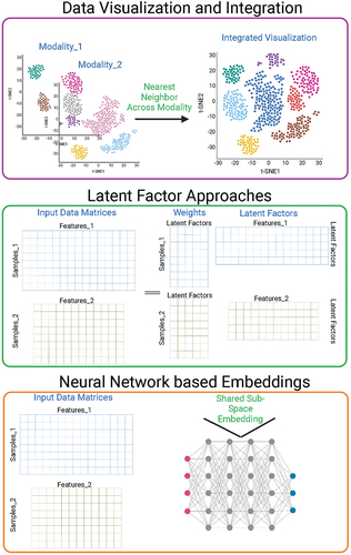 Figure 2. High-level conceptual schematics of common computational multi-omics datasets integration methods including integrated visualization (top panel), factor analysis and matrix factorization (middle panel), and neural network-based methods (bottom panel).