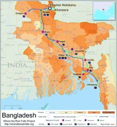 Figure 1 Migration pathways from our study sites in Kurigram District, Bangladesh.