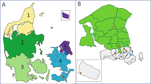 Figure 1 (A) Overview of the five regions of Denmark (Total population ~ 5.8 million). (1) North Denmark Region (population ~0.6 million), (2) Central Denmark Region (population ~1.3 million), (3) Region of Southern (population ~1.2 million) Denmark, (4) Zealand Region (population ~0.8 million) and (5) Capital Region of Denmark (population ~1.8 million). The DCAIED database comprise all adult ED visits of patients (age ≥18 years) in whom an infection is suspected, and the background population are inhabitants living in Regions 4 and 5 (eastern part of Denmark). The EDs provide all together 24-h acute emergency care for 2.6 million inhabitants. Red dots represent EDs in the Zealand region. (B) Overview of the Capital Region of Denmark. EDs are represented by red (24-h acute emergency care) and blue dots (day-time acute emergency care). The municipalities highlighted by green color, and the EDs situated within, are served by the Department of Clinical Microbiology, Herlev.