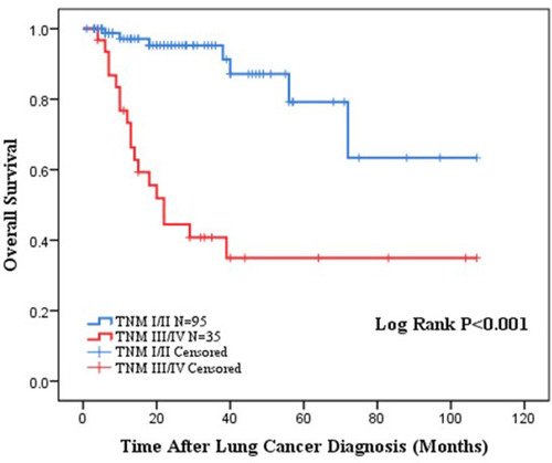 Figure 2 Kaplan–Meier survival curve showing the relationship between the pTNM stage of lung cancer and overall survival.