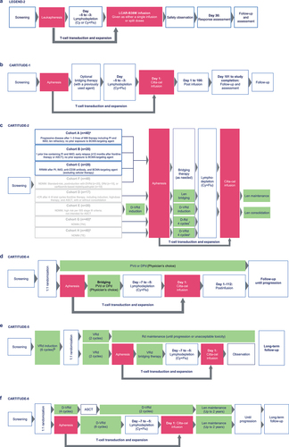 Figure 1. Study design overviews of LEGEND-2 (a), CARTITUDE-1 (b), CARTITUDE-2 (c), CARTITUDE-4 (d), CARTITUDE-5 (e), and CARTITUDE-6 (f). a20 patients were enrolled in the initial cohort before the expansion to n = 40, as allowed in the protocol. bApproximately 40 and up to 100 patients will be enrolled. cAdditional cycle(s) permitted with sponsor approval if an unanticipated delay in cilta-cel manufacturing process occurs.