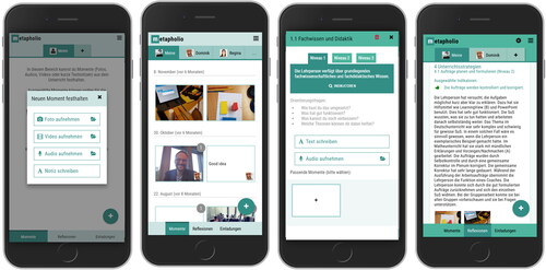 Figure 1. Core functionality of the Metapholio App (from left to right): Collecting moments, a collections of moments, writing a reflection, a written reflection.