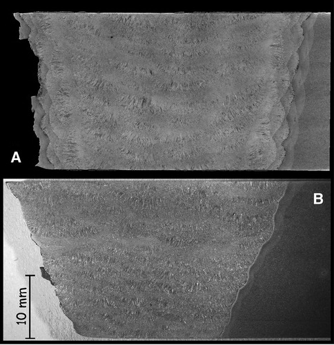 Figure 39. Example of failures in Figure 38 for sample without PWHT 6B-1 (A) and sample with PWHT 7B-1 (B) [Citation41]. See Table 5 for test conditions and results.