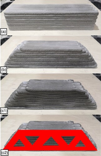 Figure 20. 3D printed structure in the longitudinal direction with a volume-fraction of 100% (b) 80% (c1) a 2D optimised structure of 60% (c2) a 2D optimised structure of 60% with the outline of the strut.