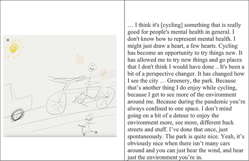 Figure 4. Theo’s sketch and reflection of his lockdown active free-play cycling reactivation performance and experience.