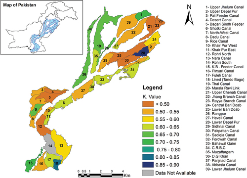 Figure 5. Map of K values per canal command area in the Indus basin of Pakistan. The K factor refers to the ratio of the blue WFs of the irrigation supply chain and the blue crop WF (dimensionless).
