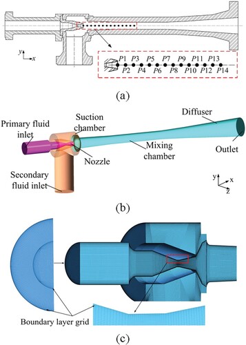 Figure 1. Geometric model and grid of the ejector: (a) two-dimensional structure; (b) three-dimensional model; (c) grid topology.