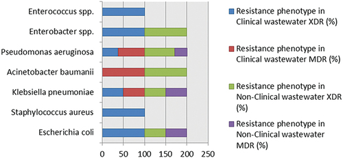 Figure 4 Resistance phenotypes of resistant bacteria from clinical and nonclinical wastewaters. Four of seven bacterial species showed multiple drug resistance in addition to extensive drug resistance (red and purple areas), while strains of Gram positive cocci and Enterobacter spp. were found to be extensively drug-resistant (blue and green areas).