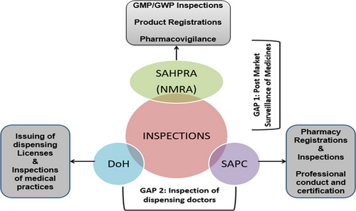 Fig. 3 Two gaps in the shared inspection function of government agencies dealing with the regulation of medicines in South Africa. Gap 1: Exists in lack of Post Market Surveillance once products have been registered due to restrictions in jurisdiction. Gap 2: Exist in the case of inspecting dispensing doctor or medical practitioners. The Department of Health (DoH) was unable to follow through due to limited capacity, while the South African Pharmacy Council (SAPC) couldn’t step into the role due to jurisdiction as well