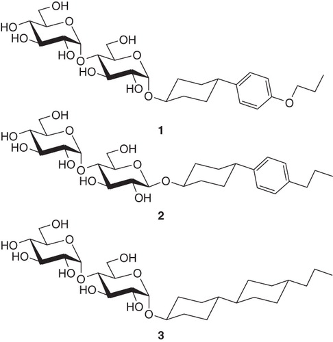Figure 1. Representatives of the three surfactant families with rigid ring systems tested in this work: 4-(4′-propoxyphenyl)-trans-cyclohexyl-α-D-maltoside (PoPC-a-M), (1); trans-4-(4′-propylphenyl)cyclohexyl-β-D-maltoside (PPC-b-M), (2); trans-4-(trans-4′-propylcyclohexyl)cyclohexyl-α-D-maltoside (PCC-a-M), (3).