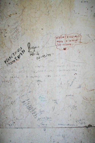 Figure 6b.  Garibaldi monument, Aspromonte, Calabria, Italy: school-child graffiti on base of monument. Photo: J. Robb.