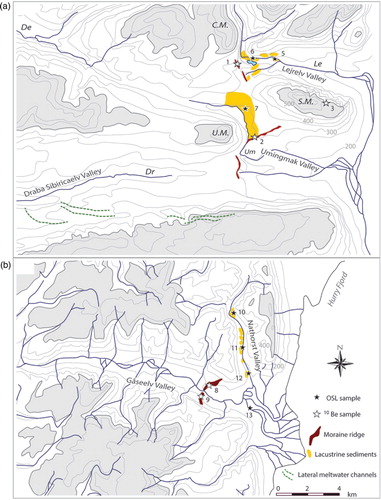 Fig. 2 Maps showing the study areas: (a) the Lejrelv area (contour interval of 50 m); (b) the Gåseelv area (contour interval of 100 m). The bold line marks the 500 m contour and light grey areas show terrain above 500 m a.s.l. Stars mark the sites from which samples for 10Be (white) and optically stimulated luminescence (OSL; black) dating have been taken and numbers refer to site numbers (Table 1). The geomorphological features are based on the maps by Lilliesköld & Salvigsen (Citation1991) and our field survey. Topographic information is from copyright, National Survey and Cadastre, Denmark. The following river names are abbreviated: Depotelv (De), Draba Sibirica Elv (Dr), Lejrelv (Le) and Umingmelv (Um). The following names of mountains are abbreviated: Centralbjerg (C.M.); Skansen (S.M.) and Umingmak (U.M.).