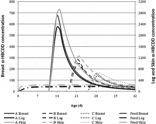 Figure 6. Simulated kinetics of α-HBCDD concentration (µg kg−1 lw) in breast, leg and skin of fast-growing broilers1 ingesting 172 µg α-HBCDD according to different modalities of exposure: 42-day exposure through feed containing 38 α-HBCDD µg kg−1 (Feed) or exposure through the daily ingestion of 57.3 µg α-HBCDD (extruded polystyrene) during 3 days from 12 to 14 (a), 19 to 21 (b) or 26 to 28 (c) days of age2,3.