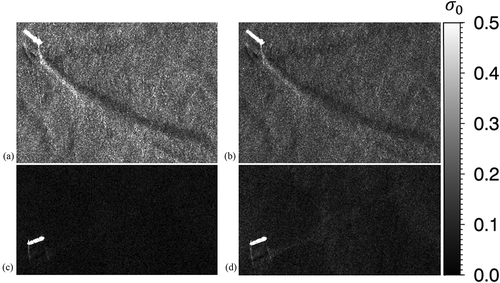 Figure 6. Wake samples acquired with different incidence angles [top (a,b): incidence angle of 29.6°, and bottom (c,d): incidence angle of 44.5°] and two polarization channels [left (a) and (c)): HH-polarization, and right (b,d): VV-polarization].