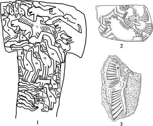 Figure 12 Birds depicted on monumental Pillar H56, pillar fragment from enclosure D and pillar fragment from Trench L9-65, Göbekli Tepe (Dietrich et al. Citation2014: fig. 10; Schmidt Citation2010: fig. 11; Citation2013: fig. 7).