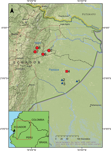 Figure 1. Sites of study in Shiwiar localities (blue), a locality a Kichwa-speaking locality in Sápara territory of the Pastaza River Basin (white), and a locality in Kichwa territory in the Napo River basin (red), Ecuador. 1. Juyuintza 2. Kurintza 3. Bufeo 4. Pindoyaku 5. Chonta Punta 6. Centro Parroquial de Ahuano, 7. Atacapi and El Calvario 8. Comunidad Kichwa 21 km road from Tena to Quito.