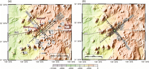 Fig. 2.  Maps showing the site survey lines and detailed bathymetry around the Izu rear-arc drilling site U1437 (light blue star). (a) Pre-site survey lines. The numbers with white boxes in Figure 2a show the 40Ar–39Ar ages (Ma) of dredged samples obtained by CitationIshizuka et al. (2003). (b) High-resolution survey lines.