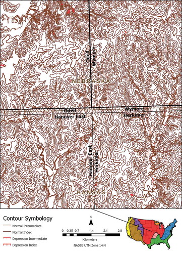 Figure 12. Comparison of US Topo contours at the intersection of four quadrangles in the Interior Plains. Source data for the quadrangles south of the bold black line are lidar-derived DEMs, while contours north of the bold black line were produced from 10 meter DEMs derived from digitized legacy contours.