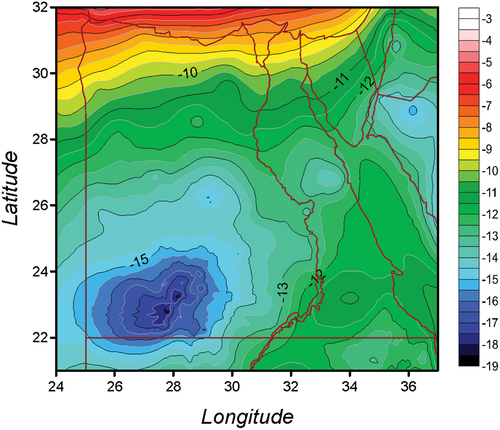 Figure 9. Differences in gravity contribution on geoid undulation between using fine DHM 1′′ x 1 ′′with coarse DHM 30′′ x 30′′ and using fine DHM 15′′ x 15′′ with coarse DHM 30′′ x 30′′ [units in cm].