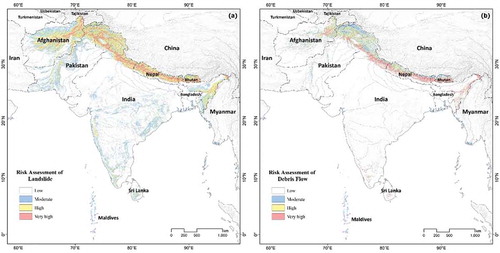 Figure 17. Geohazard risk assessment in the South Asia: (a) Landslide and (b) debris flow.