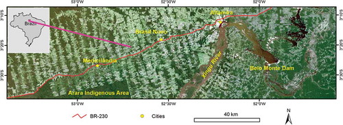 Figure 1. Study area: Altamira TransAmazon Highway region, Pará State, Brazil, and Xingu River, highlighting Belo Monte Dam.