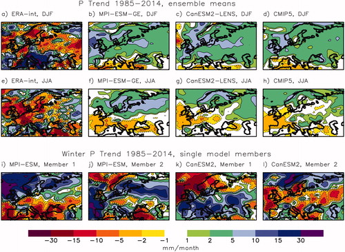 Fig. 2. As Fig. 1 but for precipitation. Shown are trends in mm/month per 30 years.