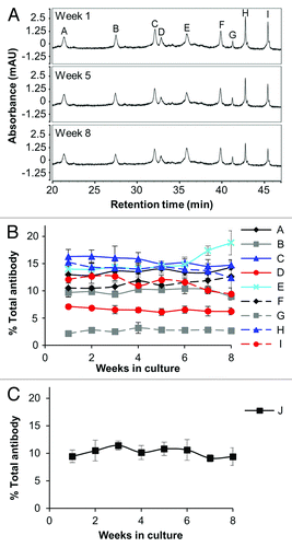 Figure 3. Stability of complex mixtures composed of 10 antibodies. (A) Sample CIEX chromatograms used for antibody quantitation. The antibody peaks were labeled by comparison with cell culture supernatants from cultures expressing single antibodies using the same HPLC conditions and method. (B) Stability of nine antibodies from the 10 antibody ACT over an eight week period. Data represent percent of each antibody relative to the sum of all antibodies as determined by integration of the area under the curve from the CIEX profiles. Error bars represent the standard deviation from four different thawed vials. (C) The tenth antibody (antibody J) was undetectable by CIEX chromatography, but was measurable by antigen-specific Luminex® immunoassay. The percent of the total Fc in the culture is graphed, and the error bars represent the average of four replicate cultures.