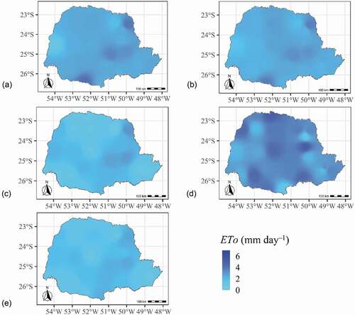 Figure 7. Daily reference evapotranspiration (ETo; mm day–1) of 24 weather stations in Paraná State, obtained with the inverse distance weighting (IDW) method, for the following models: (a) ASCE-PM (ETod); (b) Moretti-Jerszurki-Silva (EToMJS.d); (c) Hargreaves and Samani (EToHS.d); (d) modified parametric (EToPET.d); and (e) Penman-Monteith temperature (EToPMT.d)