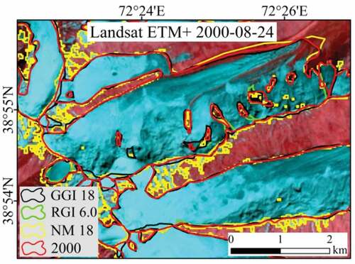 Figure 6. Comparison of glacier outlines used in the NM 18, GGI 18, RGI 6.0, and our 2000 inventory at 38.90° N, 72.45° E (false-color composite image, bands 7, 2, 3 as RGB for ETM+).